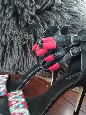 MIA Black Heels with Red Straps and Multicolor Embroidered Toe